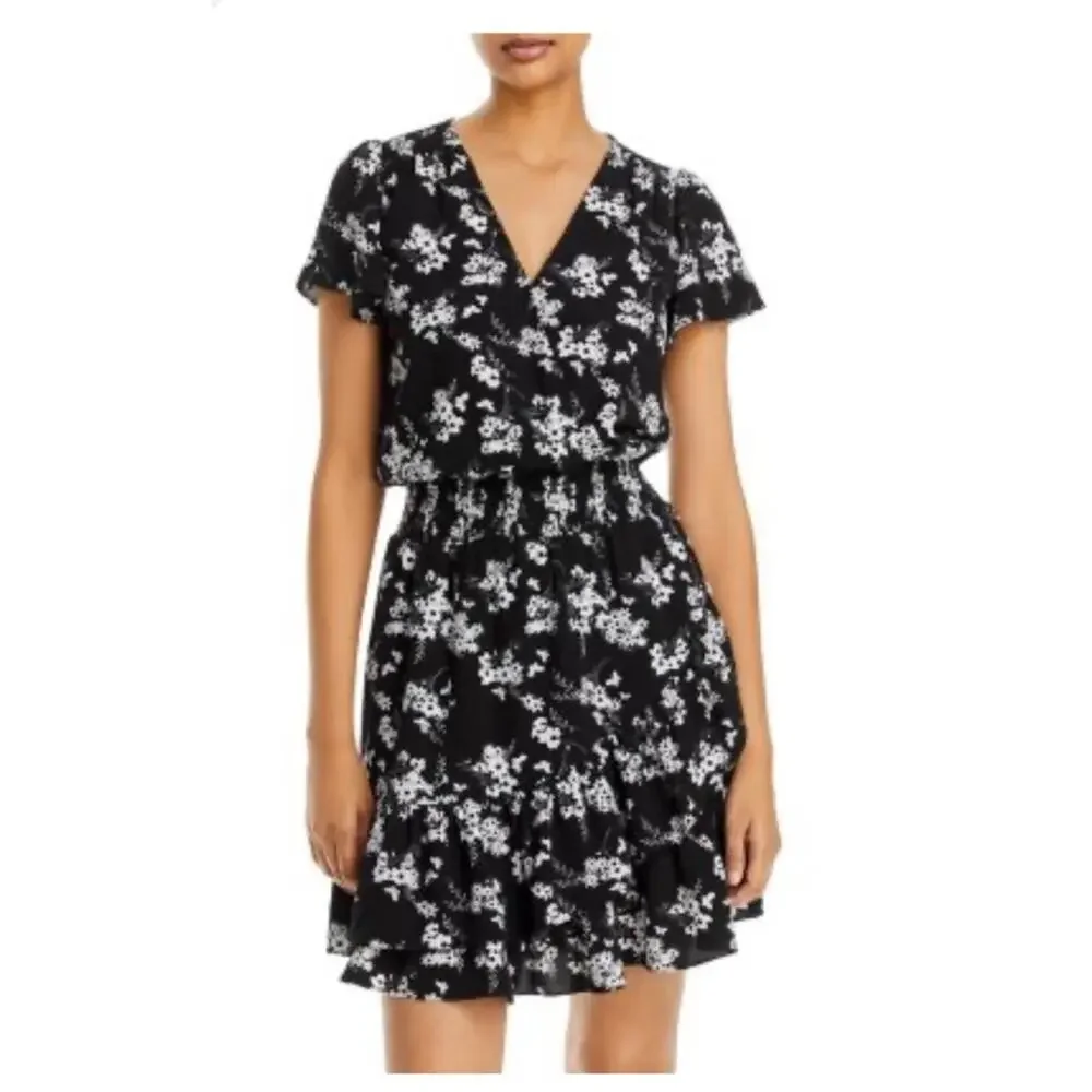 NWT Michael Michael Kors Womens Black Floral Fit & Flared Tiered Dress Size XS